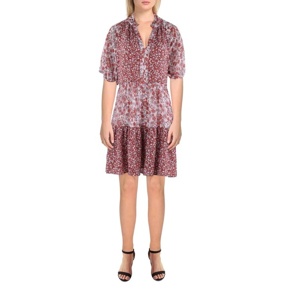 CeCe Red Pink Floral Print Casual Tiered Shift Dress - Picture 1 of 6